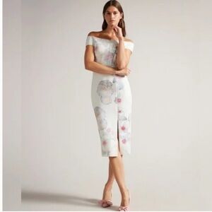 Ted Baker  Lovez Off-Shoulder Floral Midi Dress Cream Sz US 10 Or Ted Sz 4